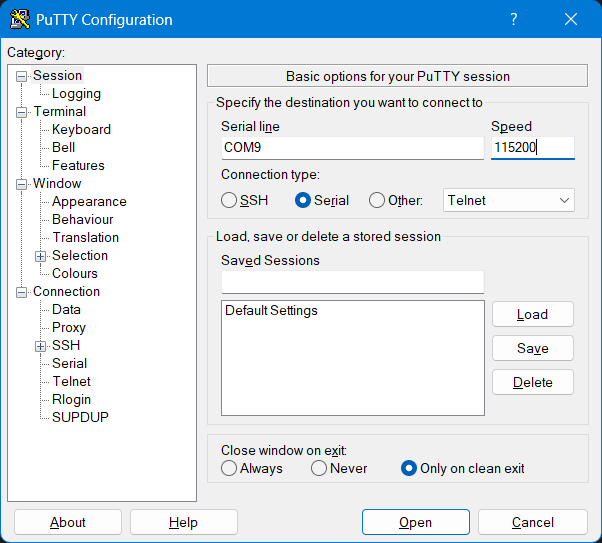 PuTTY serial configuration